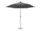 Grijze terrasparasol met draaihendel en vierkante voet.