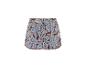 Dames shorts met blauw en bruin paisley patroon, met kwastjesrand.