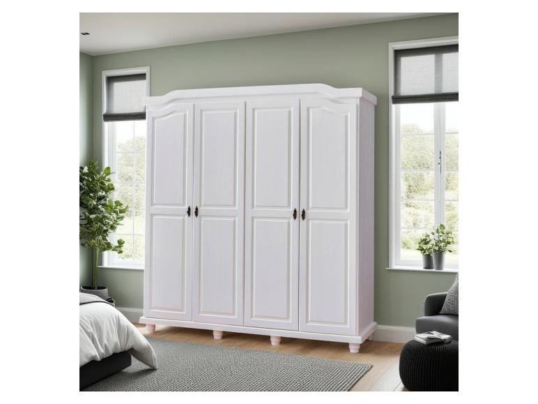 Grote witte vierdeurs kledingkast, klassieke stijl.