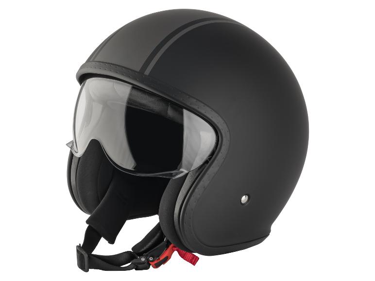 Zwarte matte motorhelm met vizier en grijze strepen