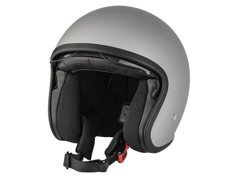 Grijze open motorhelm met zwarte voering en kinband
