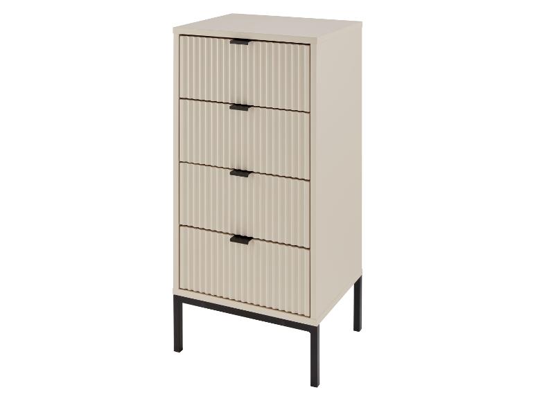 Een crèmekleurige ladekast met vier lades en zwarte poten.