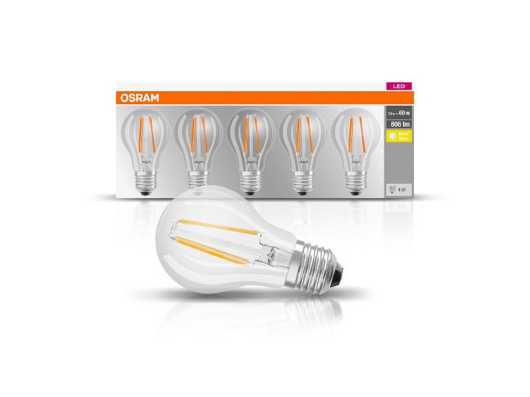 LED-lampenverpakking met vijf lampen en één lamp vooraan, 7.0W = 60W, 806 lm, warm wit, E27.
