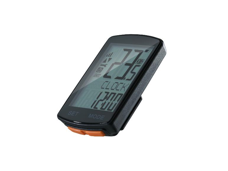 Zwarte fietscomputer met digitaal display, toont snelheid en tijd.