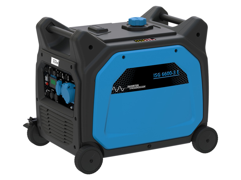 Blauwe Güde ISG 6600-3 E inverter-generator met wielen.