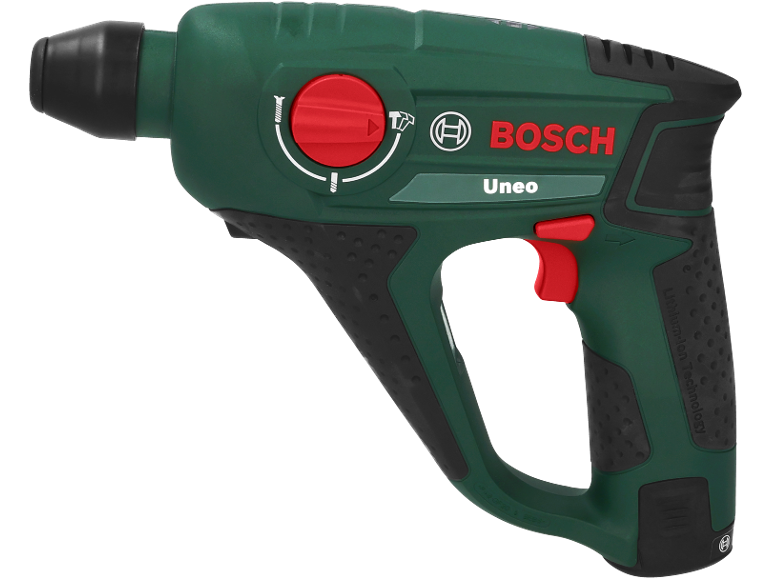Groene accu-boorhamer met rode bedieningselementen.