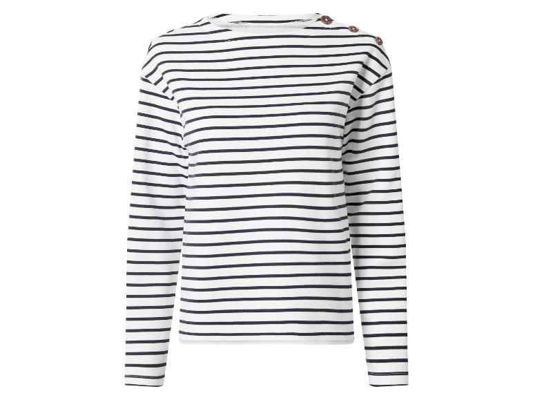 Wit-zwart gestreept shirt met lange mouwen en knopen op de schouder