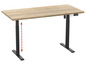 Een houten bureau met verstelbare hoogte, met een zwart frame.
