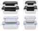 Roestvrijstalen voedselcontainers met zwarte en transparante plastic deksels, in diverse maten.