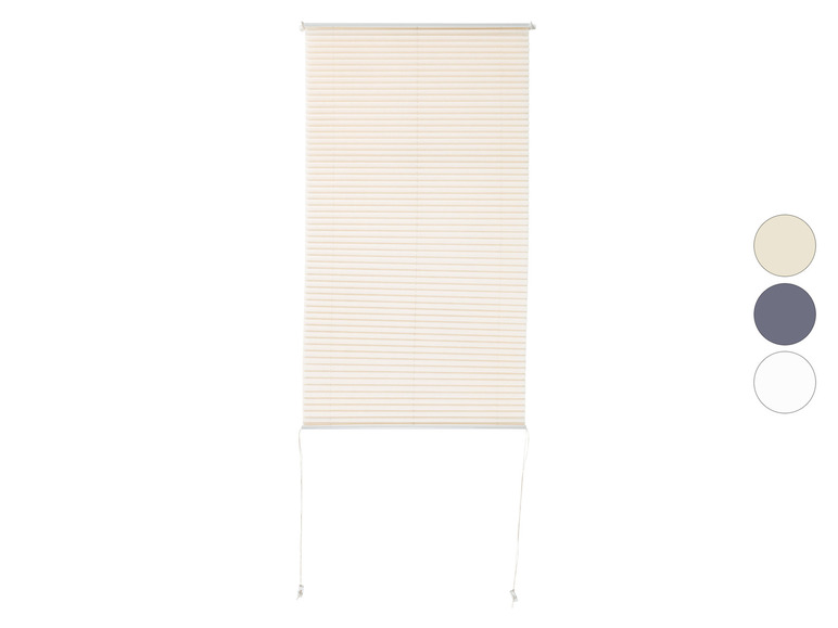 Een beige plissé gordijn met een trekkoord.