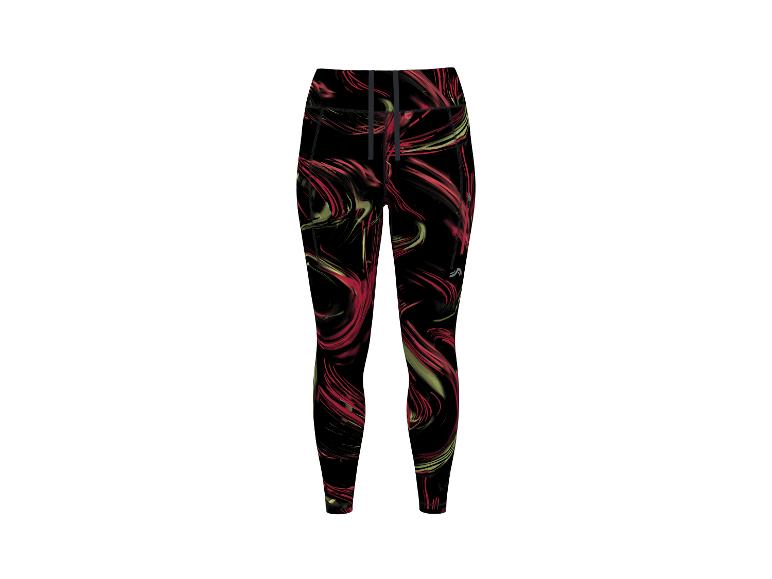 Dames sportlegging met zwart-rood-groen golfpatroon.
