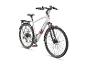 Witte elektrische fiets met zwarte accenten, bagagedrager en spatborden, van opzij gezien.