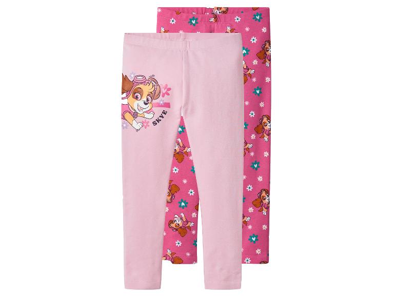 Twee roze Paw Patrol Skye leggings, één effen en één met all-over print.