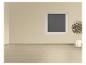 Lege kamer met beige muren, lichte houten vloer, raam en potplant.