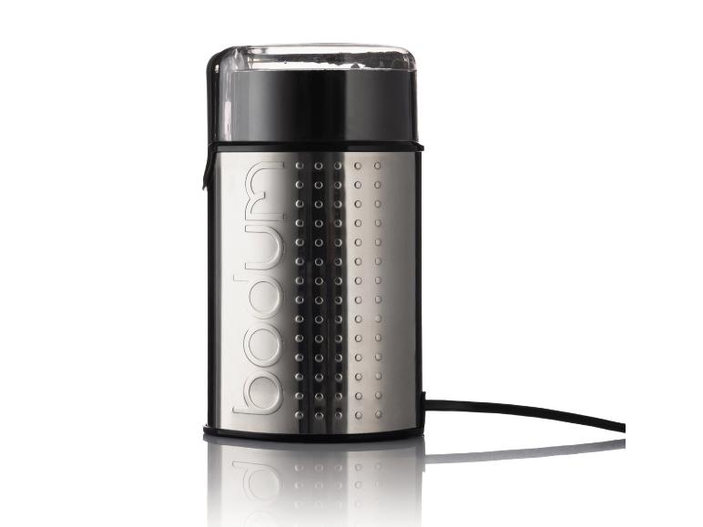 Bodum koffiemolen van roestvrij staal met zwart deksel en snoer.