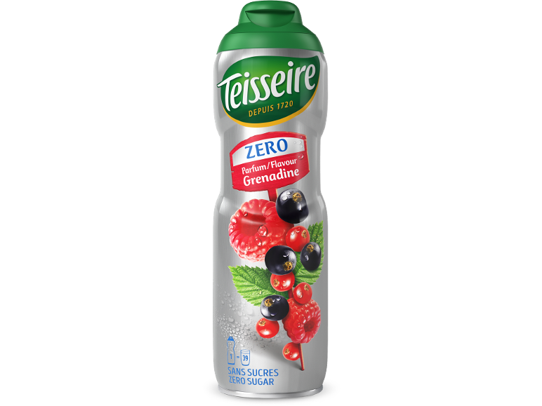 Suikervrije siroop met grenadinesmaak in een metalen fles.