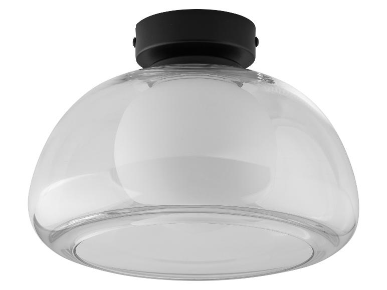 Glazen plafondlamp met koepel en zwarte basis.