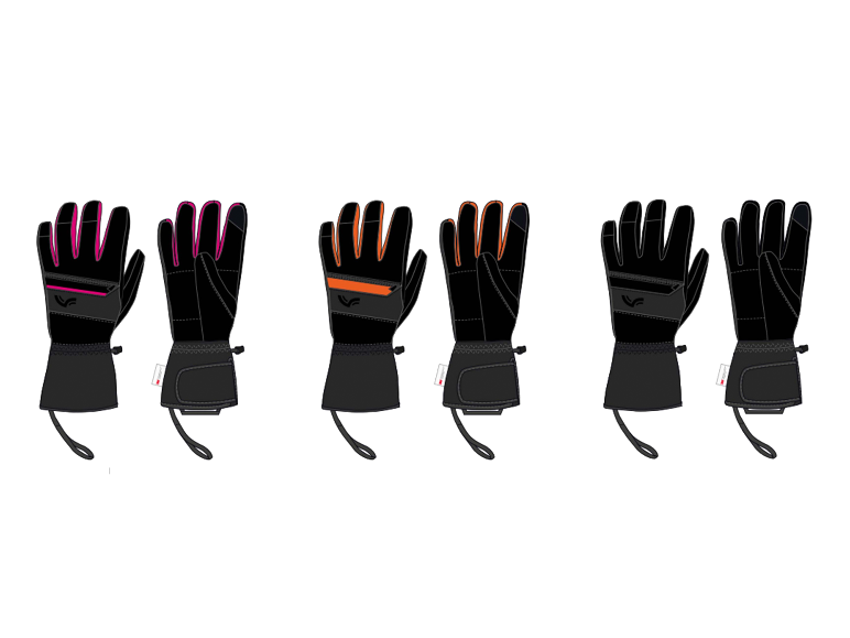 CRIVIT Premium-Skihandschoenen in zwart met roze, oranje en grijze accenten.