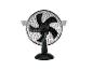 Zwarte oscillerende tafelventilator met snelheidsinstellingen 0, 1, 2, 3