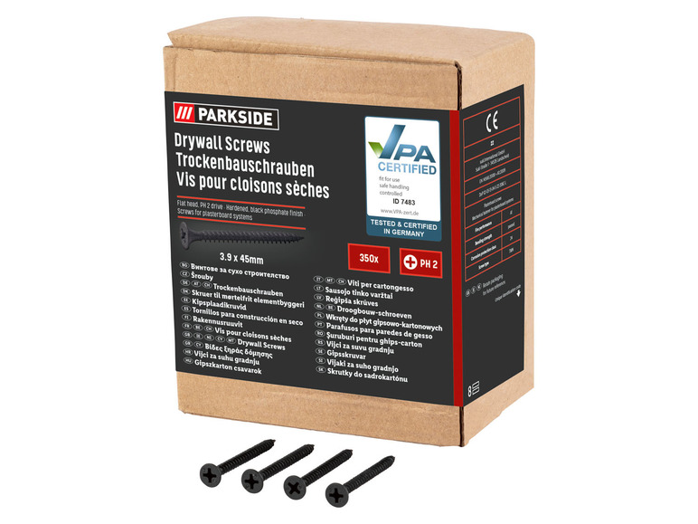 Zwarte schroeven van Parkside voor gipsplaten, 3.9 x 45mm, PH2 kop.