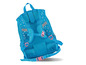 Een blauwe rugzak met stippen voor kinderen.