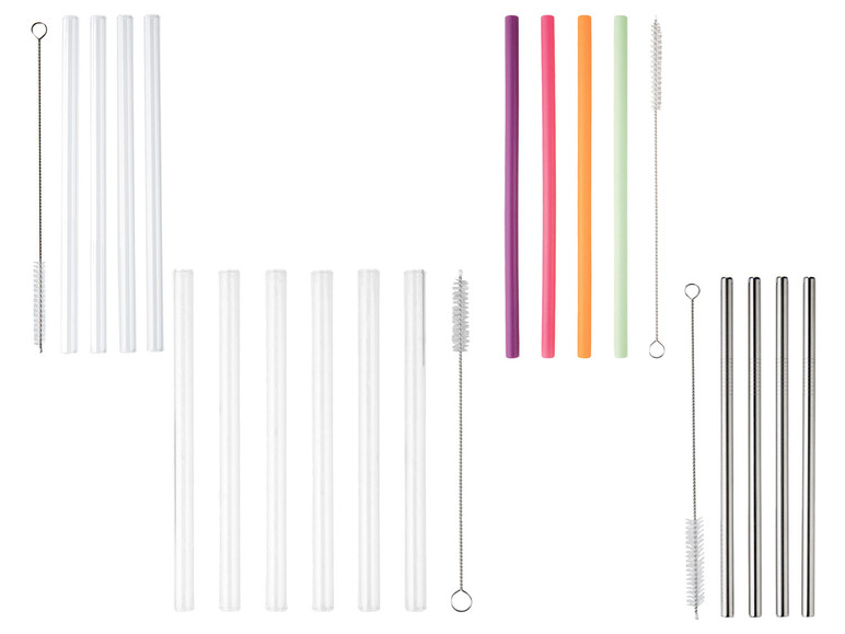 Glazen, siliconen en metalen rietjes met reinigingsborstels