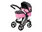 Een roze kinderwagen met een zwart-wit hartjespatroon.