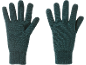 Paar donkergroene gebreide handschoenen, één toont de handpalm en de andere de rug.