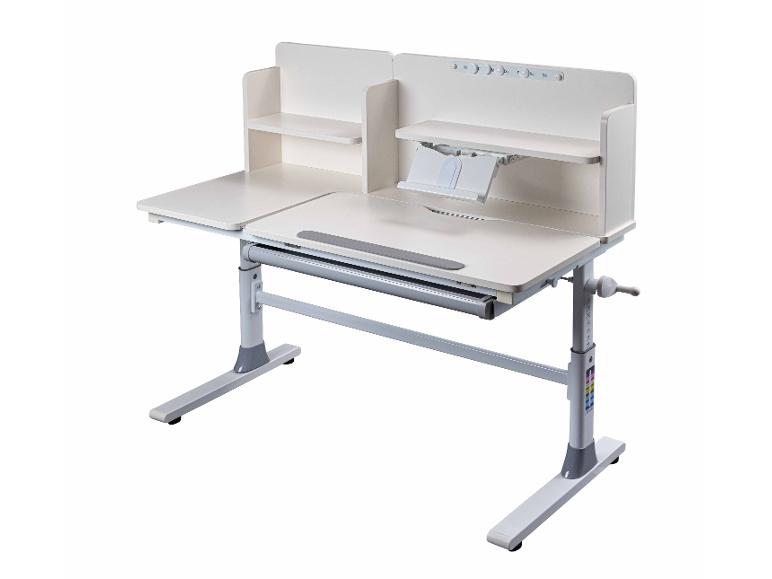 Verstelbare kinderbureau met planken en boekenhouder.