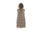 Beige, lange gewatteerde damesbodywarmer met capuchon.