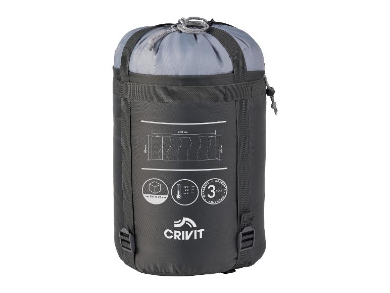 Crivit slaapzak, gecomprimeerd, grijs en zwart.