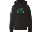 Zwarte hoodie met groen geborduurd gaming-logo en gepixelde personage-omtrekken