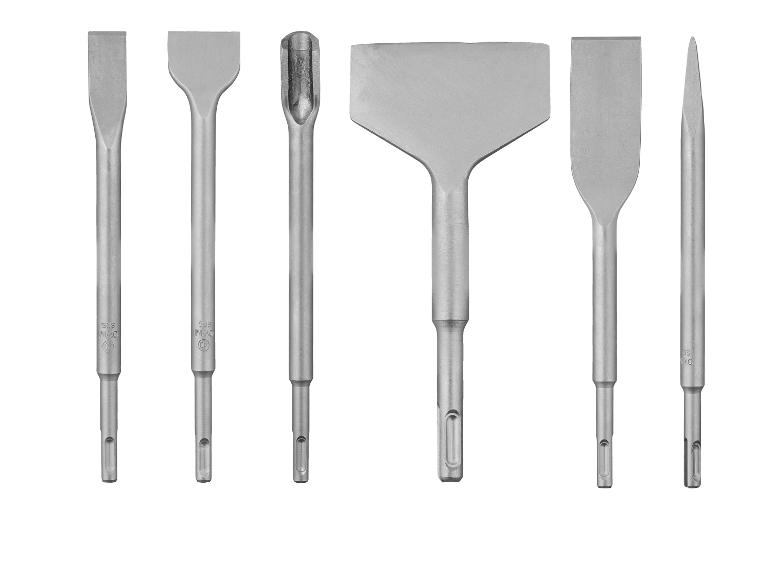 Een set van zes SDS-beitels voor sloophamers, inclusief platte, puntige en brede beitels.