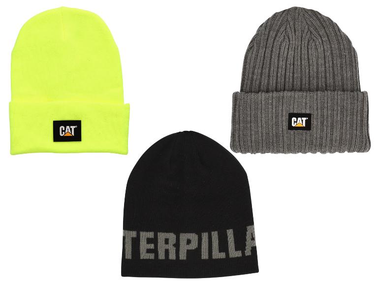 Drie wollen mutsen: een gele CAT, een grijze CAT en een zwarte Caterpillar.
