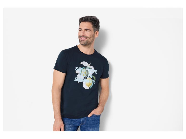 Donkerblauw heren t-shirt met citroendruk, zomercollectie.