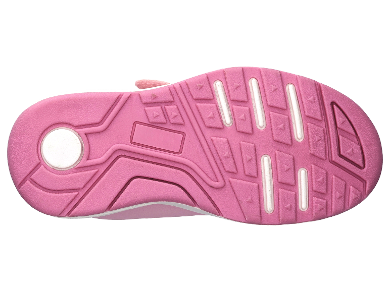 Roze kinderschoen met een gepatroneerde zool.