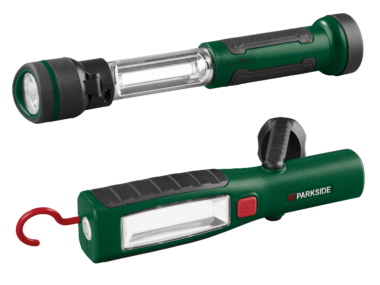Twee groene en zwarte werklampen, één zaklamp en één hanglamp.
