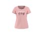 Roze T-shirt met korte mouwen met de tekst 'NEVER STOP GROWING BLOOM' en bloemen.