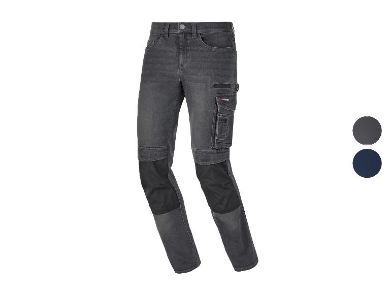 Grijze denim werkbroek met verstevigde knieën en zijzakken, getoond met kleurstalen.