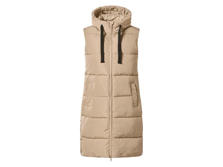 Lange beige gewatteerde bodywarmer met capuchon en zwart trekkoord