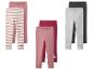 Drie sets kinderleggings: roze gestreept, effen roze/bordeaux en grijs/zwart.