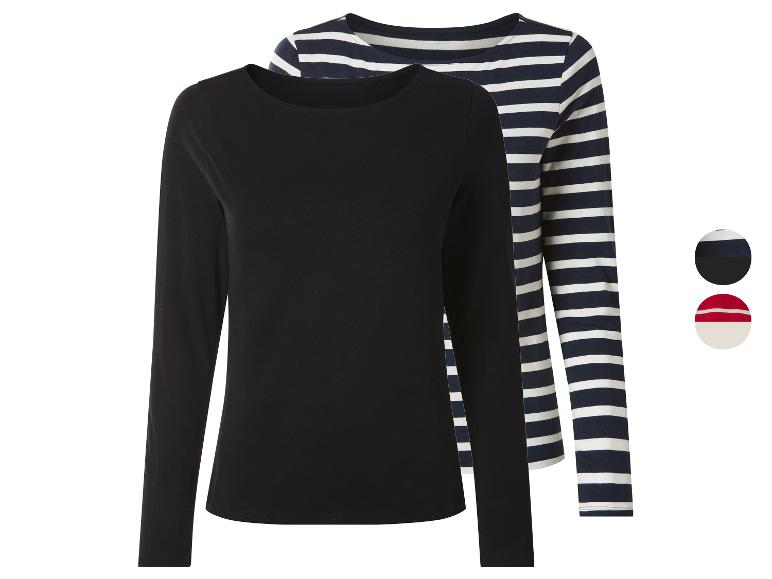 Set van 2 dames longsleeves: één effen zwart en één marineblauw-wit gestreept.