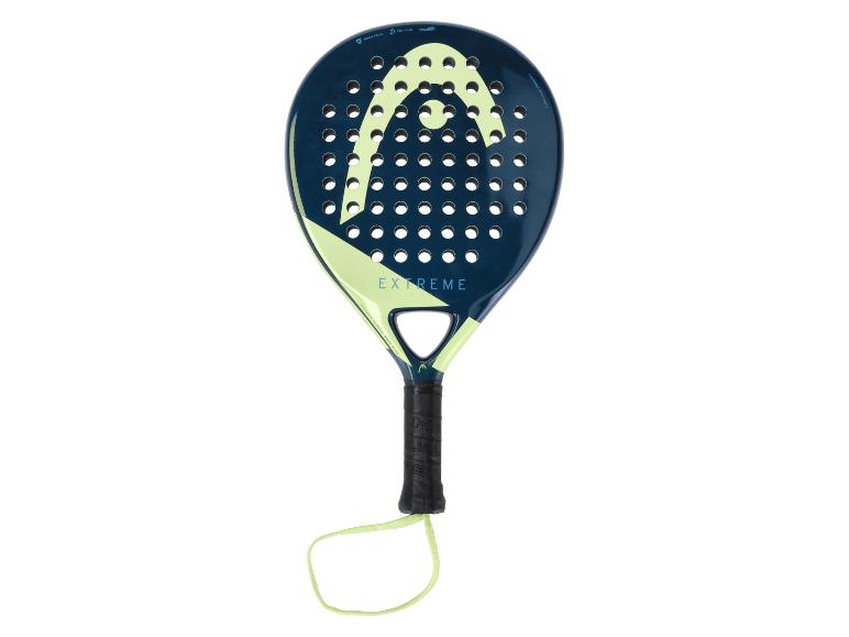 Blauw-groen padelracket met 'EXTREME' tekst en technische details.