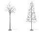 Twee decoratieve LED-bomen, één met een spaarzaam, vertakt ontwerp en de andere kegelvormig.
