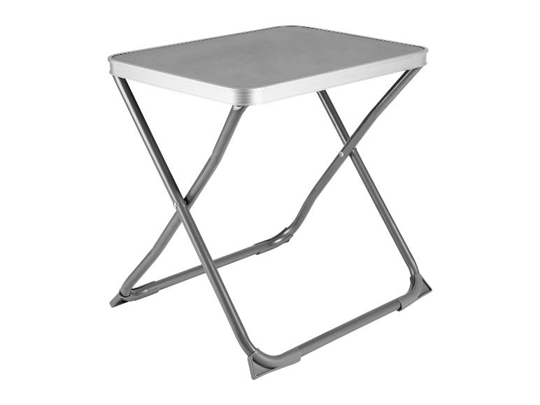 Grijze opvouwbare tafel met metalen frame.