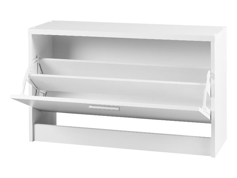 Witte schoenenkast met twee open vakken.