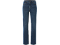 Donkerblauwe damesjeans met contrasterende stiksels en voorzakken.