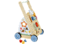 Houten loopwagen met activiteitenbord, kleurrijke wielen en vormensorteerder.