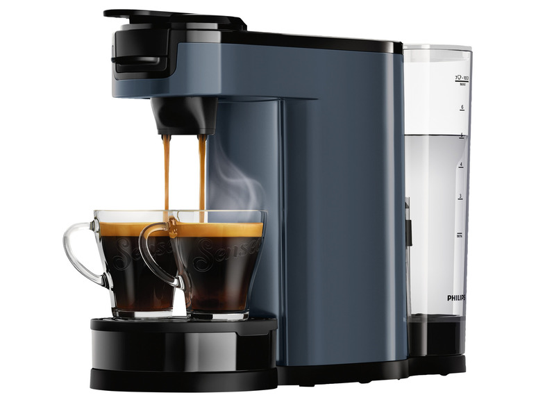 Een Philips Senseo koffiezetapparaat met twee kopjes koffie.