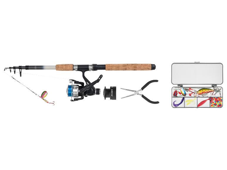 Visset met hengel, molen, tang en kunstaasdoos.